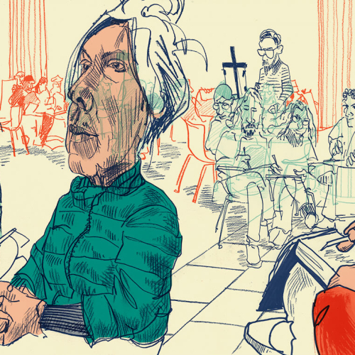 A colorful illustration depicts several figures in a room, some sitting and others talking. A central figure holds a coffee cup. The background features a cross and a group listening attentively. Bold and sketchy lines give a lively, dynamic feel.
