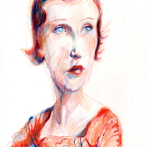 Color pencil portrait of a woman with red hair, blue eyes, and fair skin, wearing an orange dress. The drawing uses blue and red tones, with expressive lines and loose shading, giving it a whimsical, dreamy feel.
