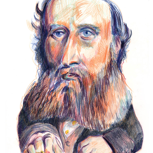 A colorful, stylized drawing of a bearded man with prominent facial features, wearing a dark coat and holding a pen or writing instrument over a sheet of paper.