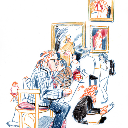 A group of people in a museum room sketch artwork; some are seated, others crouch or stand, drawing the paintings hung on the wall in front of them. The scene is illustrated with blue, red, and yellow pencil lines.