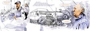 A watercolor-style illustration shows a man in a cap talking, a person in a hoodie, old tires stacked by a white van, and another older man speaking. Text about residents health and life expectancy is sprinkled throughout.