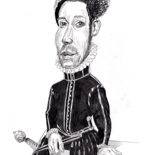 A pencil sketch caricature of a serious-faced person in Elizabethan-era clothing, featuring a ruffled collar, hat, and ornate sword, with exaggerated facial features and a hand resting on a table holding papers.
