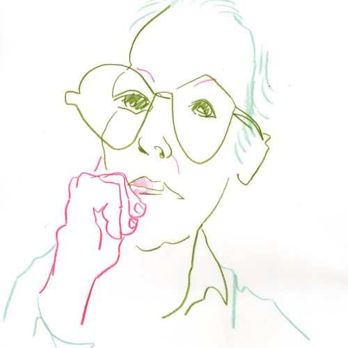 Minimalistic line drawing of a person with oversized glasses resting their chin on their hand, looking thoughtful. The drawing uses green and pink lines on a white background.