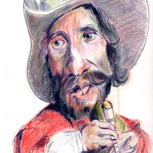 A colorful, exaggerated caricature of a man with a large hat, bushy beard, and mustache, holding a rolled piece of paper and wearing a red coat with a white ruffled sleeve.
