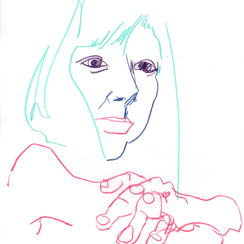 A minimal, colorful line drawing of a person with short hair and thoughtful expression, shown from the shoulders up. Their hands are clasped in front, sketched with red and blue lines.