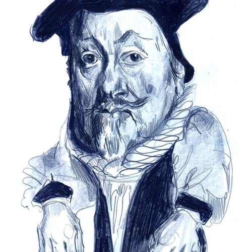 A caricature drawing of a man with a ruffled collar, period clothing, and a pointed hat, featuring exaggerated facial features and large hands resting in front of him. The artwork is done in blue ink.