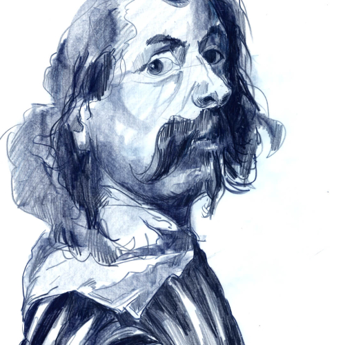 A monochrome sketch of a man with wavy hair, a large mustache, and a pointed beard, wearing a collared garment and looking over his shoulder with a serious expression.
