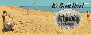 Cartoon of a sandy beach with a few people; a large man sits in a chair, another stands, and one walks away. Overlay includes a vintage photo of people on donkeys and the text “It’s Great Here! Jaywick Sands.”.