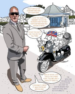 A man in sunglasses stands by a parked, British-flag-decorated scooter. Speech bubbles describe his memories of 1960s Mods and Rockers riots in Clacton. A beachside town is visible in the background.