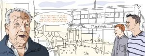 An illustrated scene shows an older man speaking with a quote in a speech bubble, while two younger people walk outside near a building labeled The Mermaids. The atmosphere appears casual and conversational.