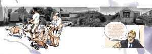 An illustrated man with two dogs and a woman pushing a stroller walk past overgrown homes and a caravan; an inset comic panel shows a suited man saying, What is interesting about historic SANDS...