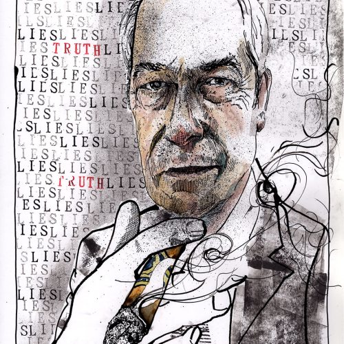 A stern-faced man in a suit is illustrated with the word LIES repeatedly in the background. The words TRUTH and RIGHT AND WRONG appear in red among the lies, creating a contrast between honesty and deceit.