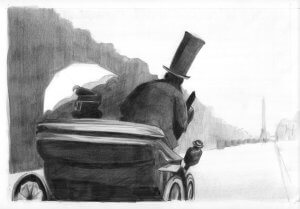 A pencil drawing shows two people in an old-fashioned car; one wears a tall top hat, and the other holds an open umbrella. They drive down a tree-lined road toward a distant obelisk or monument.