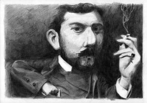 Black-and-white pencil drawing of a man with exaggerated facial features holding a cigarette. He has dark hair, a mustache, and is wearing a suit jacket. The style is expressive and somewhat caricature-like.