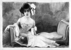 A detailed pencil drawing of a woman in a patterned dress with puffed sleeves, sitting on a sofa with one arm resting on the back and the other on the seat. She has an elaborate hairstyle and a large bow in her hair.