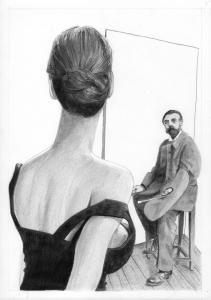 A woman with her back to the viewer faces a seated man who is holding a palette and brush, suggesting he is painting her portrait. The setting is simple, with a wooden floor and blank wall.