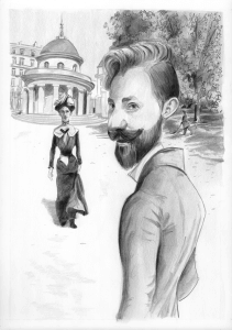 A man with a beard and mustache looks over his shoulder in a park, while a woman in Victorian-era clothing approaches. Trees and a domed building are visible in the background. The image is drawn in pencil.