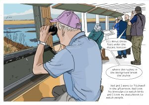 A group of people in a birdwatching hide observe a wetland landscape. One man in a pink cap uses binoculars; others look through windows. Text describes birdwatching at Titchwell and sketching people.