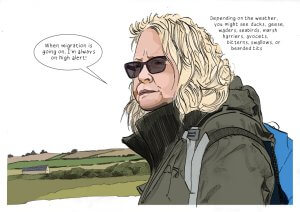 A woman in sunglasses and outdoor gear stands in a rural landscape. A speech bubble says, When migration is going on, I’m always on high alert! Text lists bird species she might see, including ducks, geese, and swallows.