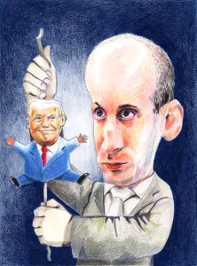 A caricature of a Stepehn Miller in a suit holding a fork with a small puppet