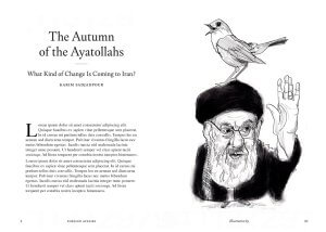 A black and white illustration of an elderly man with a beard and glasses, wearing a turban, raising one finger while a bird is perched on his head. Text on the left reads The Autumn of the Ayatollahs and article details.