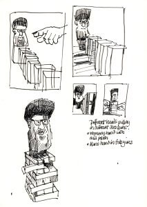 A hand topples dominoes featuring a bearded man in a hat. Nearby sketches show hands pulling dominoes, and notes describe different types of hands, including a womans hand with nail polish and a mans hand in fatigues.