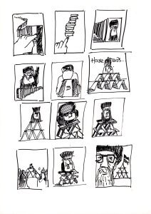 A black and white comic strip shows a character stacking cards to build a house of cards. The house falls, the character looks frustrated, and another character with glasses appears, referencing House of Cards.