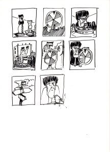 A nine-panel black-and-white comic shows a man with tall hair analyzing a pie chart, presenting it to an audience, consulting signs, and ultimately sitting alone with a bird on his shoulder.