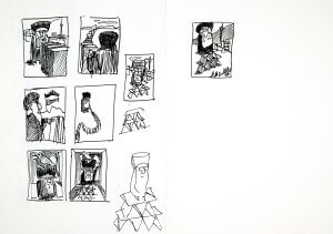 A sketchbook page featuring nine abstract, black ink drawings of figures wearing hats and house-of-cards shapes, displayed on the left side, with the right side mostly blank except for one drawing in the upper part.