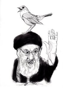 Black-and-white caricature drawing of an elderly bearded man wearing glasses and a turban, raising one hand. A bird is perched on his head with its beak open as if singing.