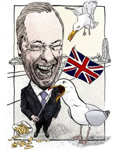 A caricature of a grinning man in a suit holding a UK flag, with two large seagulls—one flying, one squawking at him—and chips scattered on the ground; a Ferris wheel is seen in the background.