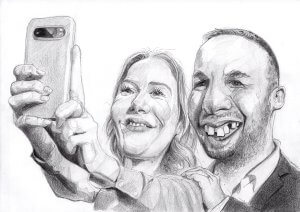 A pencil drawing of a smiling woman and man taking a selfie together. The woman holds the phone in front, and both appear happy, with exaggerated facial features and visible teeth.