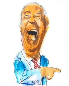 A colorful caricature of a laughing man in a blue suit and red polka dot tie, with an exaggerated open mouth, pointing to the right. The background is white.
