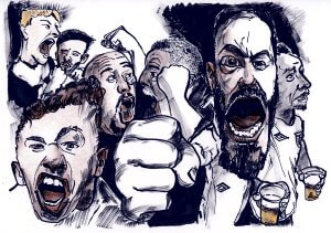 Illustration of a group of excited fans, some holding drinks, with expressive faces and raised fists, energetically shouting or cheering. The image is drawn with bold lines and dramatic shading.