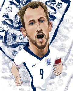 A digital caricature of an England men’s football player in a white jersey with number 9 and a captain’s armband, set against a stylized background featuring the England team’s lion crest.