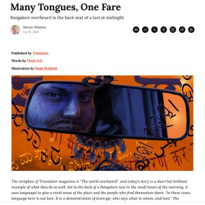 A digital illustration shows a man’s face in a car’s rearview mirror, with bold colors, Kannada script, and city lights, accompanying an article about overhearing languages in a Bangalore taxi at night.