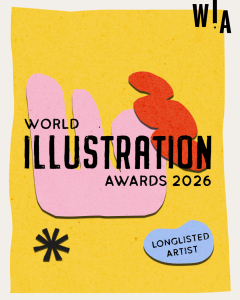 Poster for World Illustration Awards 2026, featuring abstract pink and red shapes. Text reads WORLD ILLUSTRATION AWARDS 2026 and LONGLISTED ARTIST.