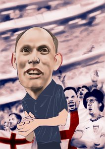 A caricature of a smiling man with a large head and hands clasped, set against a cheering crowd dressed in England soccer attire, with an England flag visible in the background.